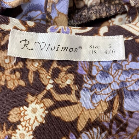 R Vivimos Dress Brown Purple Floral Boho Peasant Bead Tie Rayon Midi Size Small - Picture 7 of 7